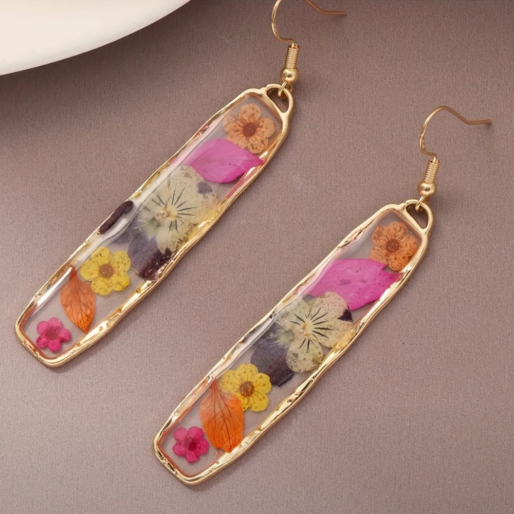 Pressed Flower Gold Resin Dangle Earrings | Handmade Botanical Statement Art